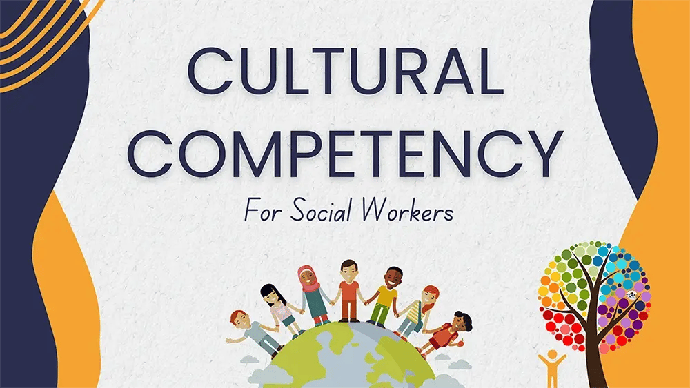 Illustration of diverse group of people holding hands with course title: Cultural Competency for Social Workers