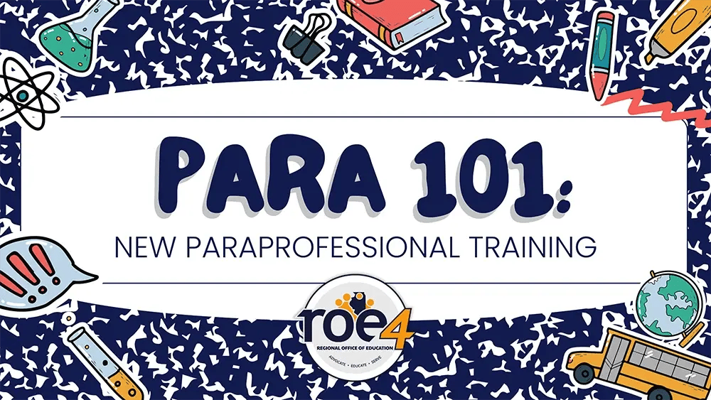 Illustration of various school-related items like a bus, notebook and pencil with course title: Para 101: New Paraprofessional Training