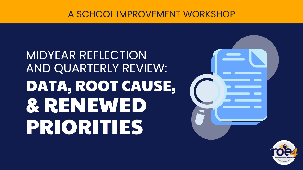 ROE4 logo and decorative images with text: A School Improvement Workshop: Midyear reflection and quarterly review: data, root cause, & renewed priorities