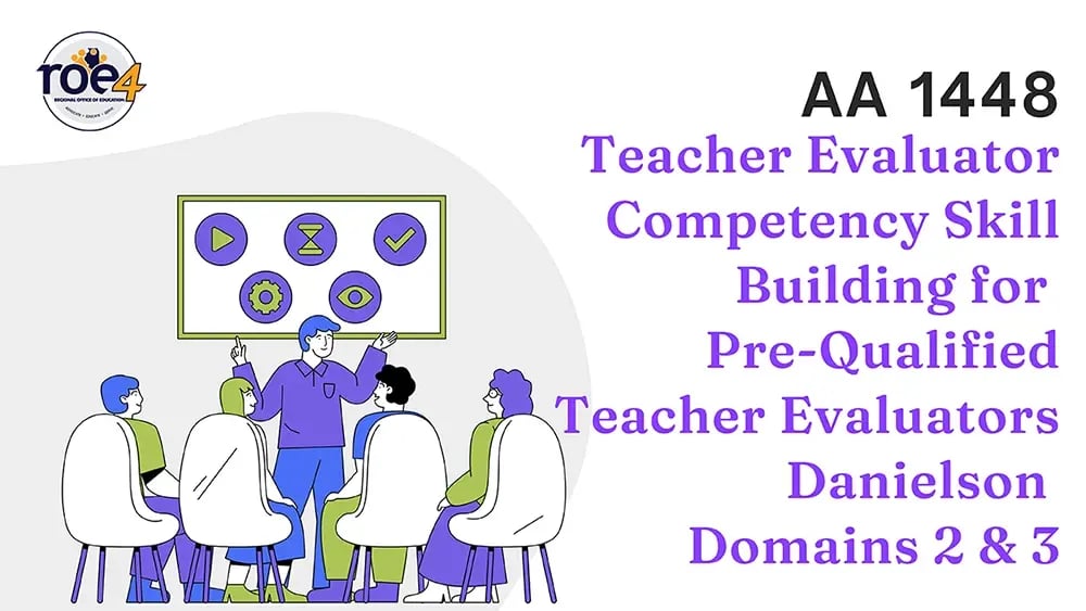 An illustration of a group of teachers seated around a presenter with course title: Teacher Evaluator Competency Skill Building for Pre-Qualified Teacher Evaluators, Danielson Domains 2 and 3