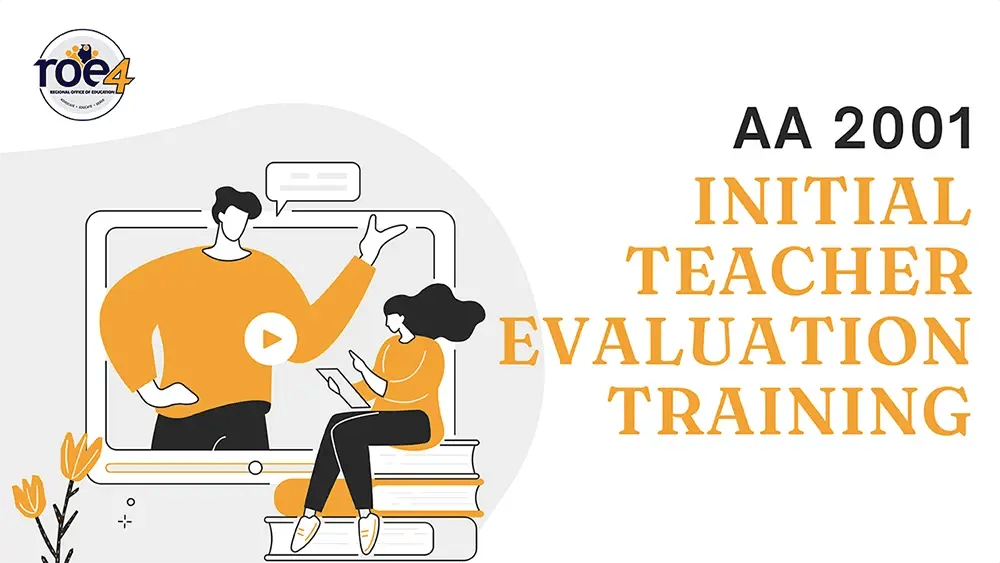 An illustration of two people engaged in an evaluation conversation with the course title: Initial Teacher Evaluation Training