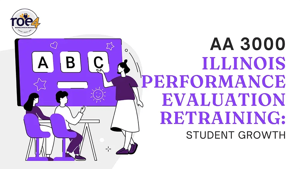 An illustration of a teacher showing a group grading with the course title: Illinois Performance Evaluation Retraining: Student Growth