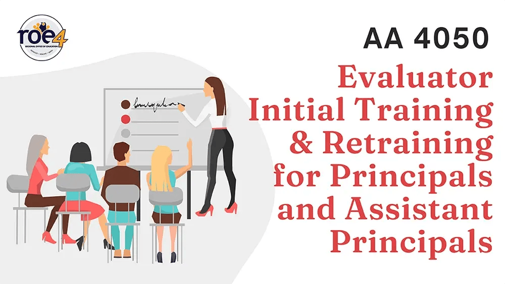 An illustration of a principal leading a training session with the course title: Evaluator Initial Training and Retraining for Principals and Assistant Principals
