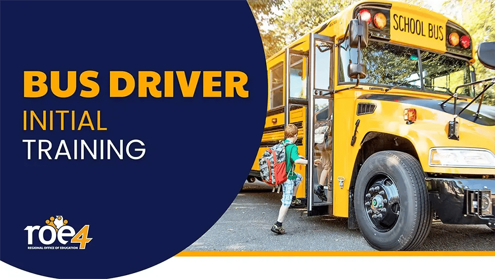 Image of students getting on a bus with the course title: Bus Driver Initial Training
