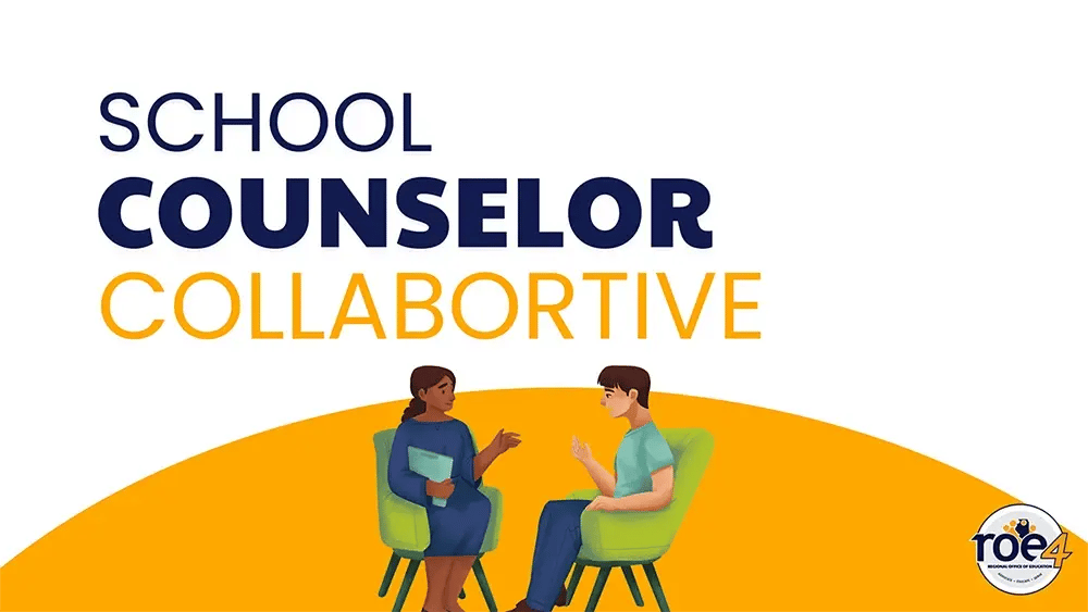 Illustration of two people sitting in chairs having a conversation with the course title: School Counselor Collaborative