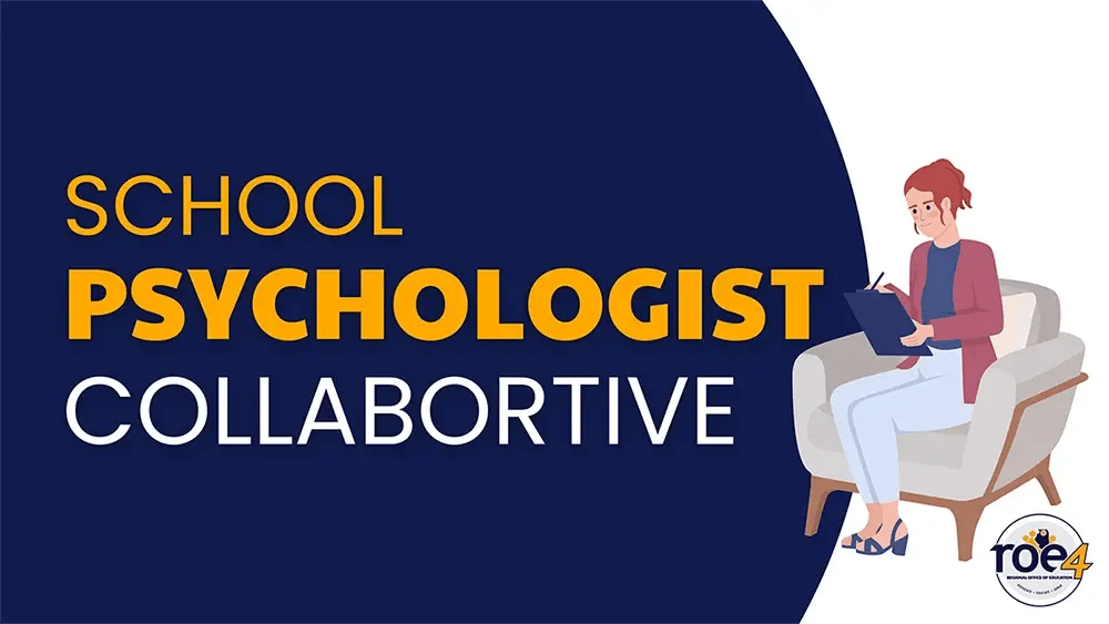 Illustration of a person sitting in a chair taking notes with the course title: School Psychologist Collaborative